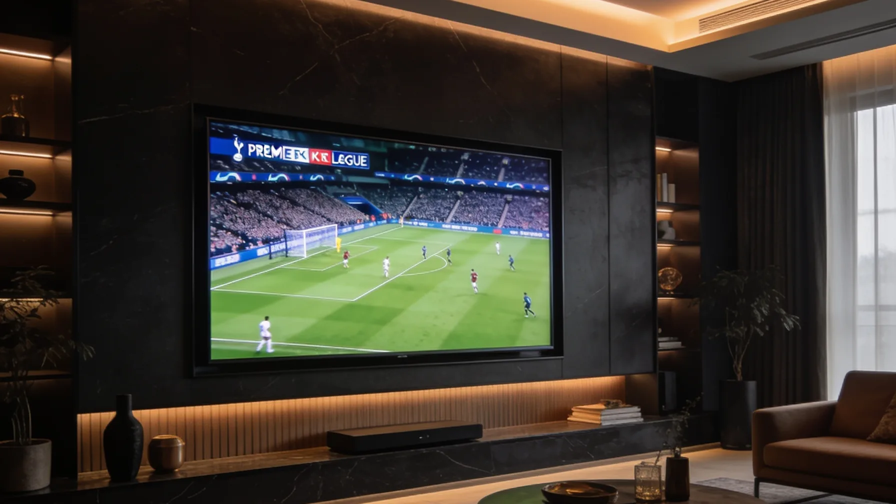 Wall-mounted 75-inch TV streaming a live Premier League match in 4K in a modern living room