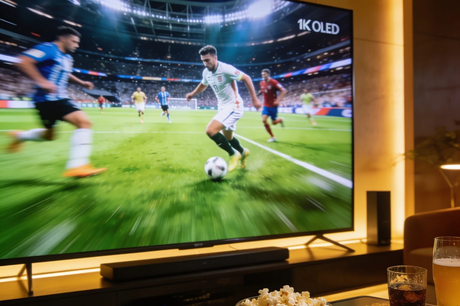 4K TV showing a live soccer match in a modern sports lounge